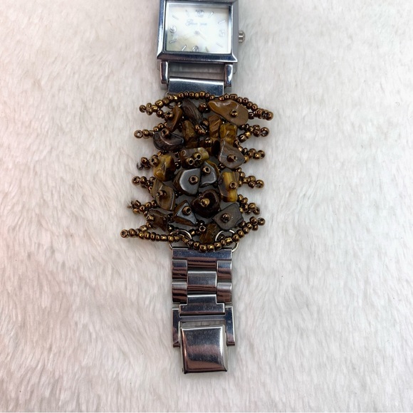 Geneva Ladies Stainless Steel Quartz Watch Brown Beaded Band - Picture 4 of 6